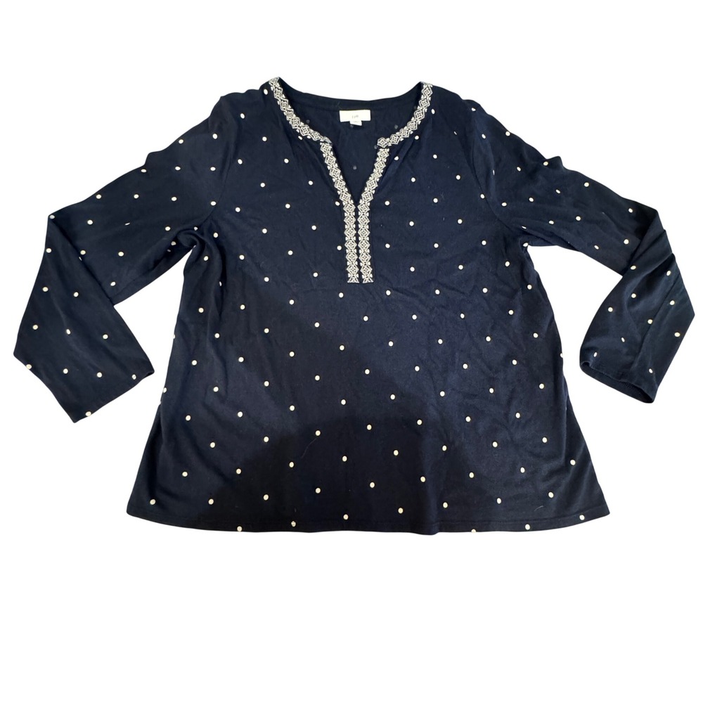 JJill Polka Dot Embroidered Tunic Women MP Navy Long Sleeve Cotton Modal Boho
